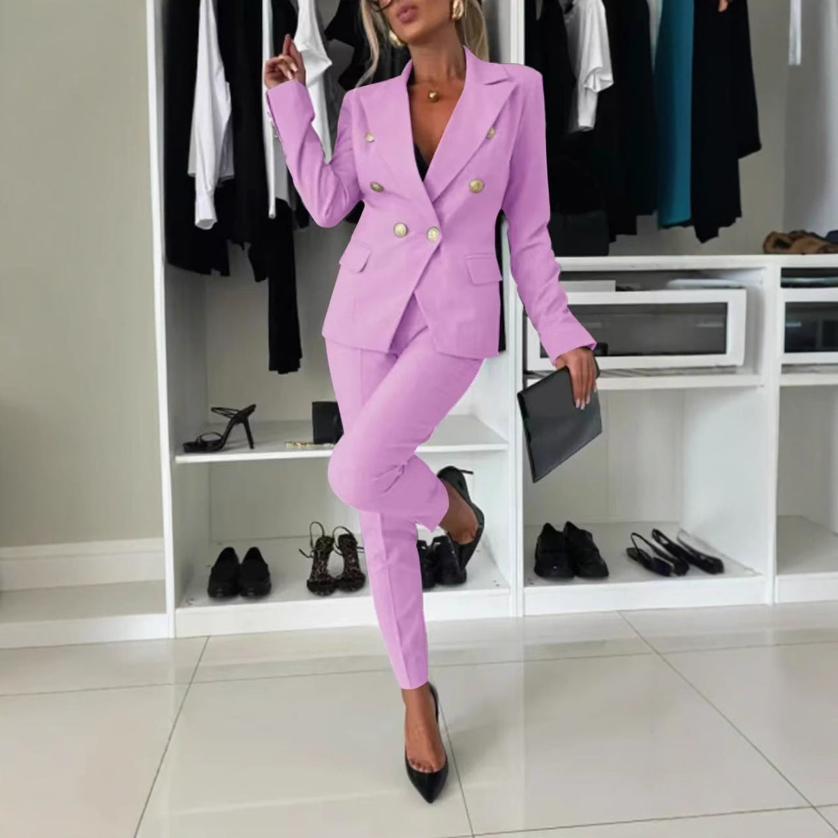 Lapel Button-Down Two-Piece Trouser Suit