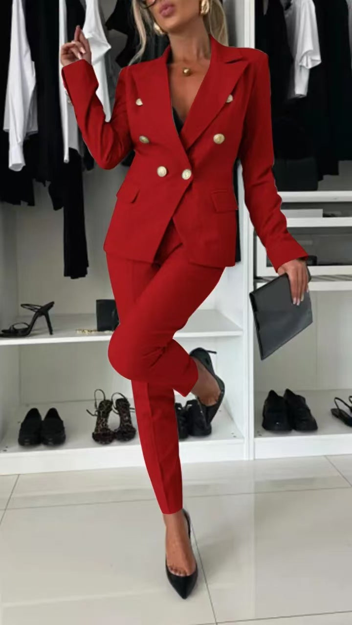 Lapel Button-Down Two-Piece Trouser Suit