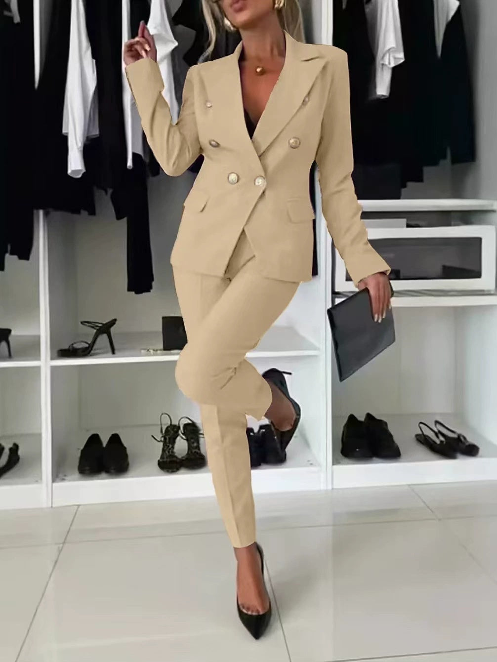 Lapel Button-Down Two-Piece Trouser Suit