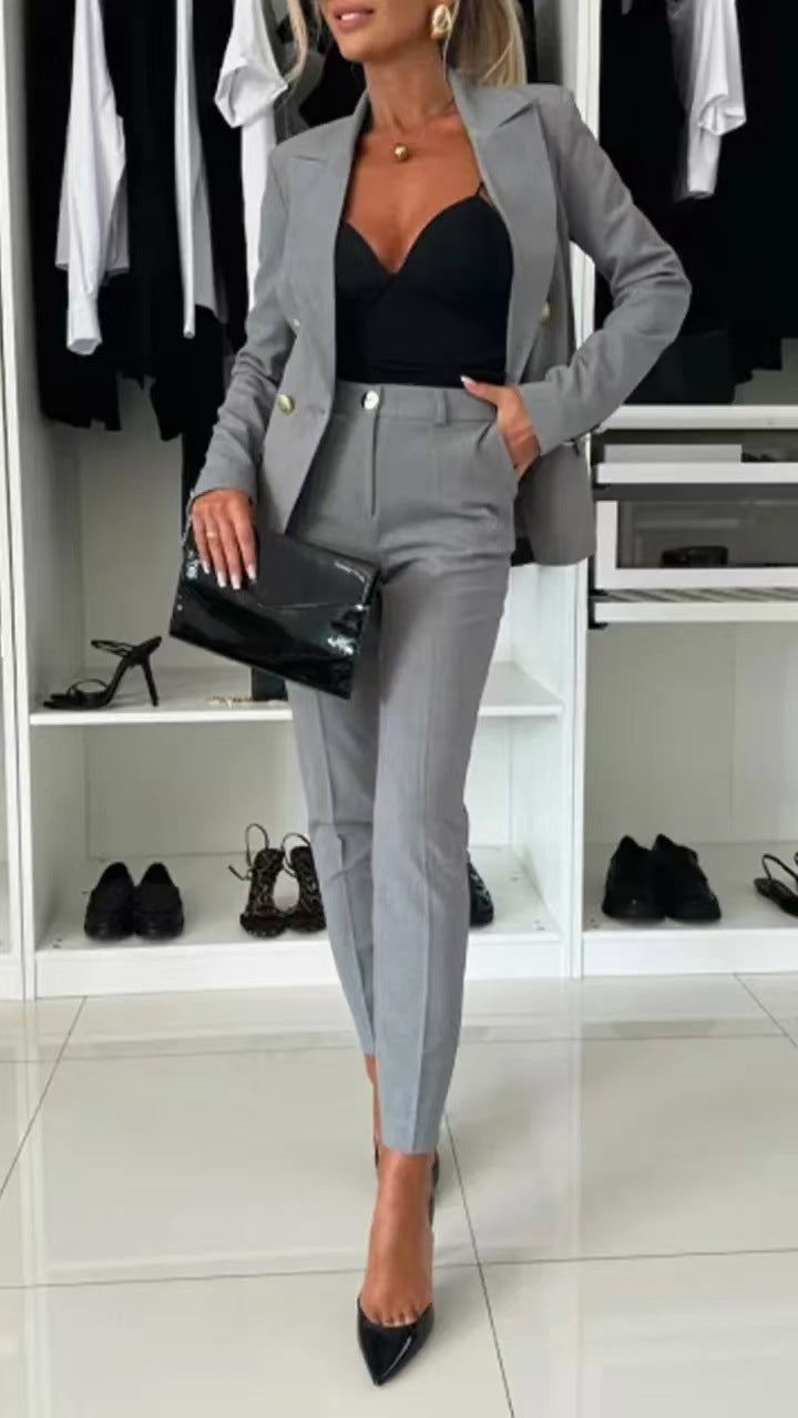 Lapel Button-Down Two-Piece Trouser Suit